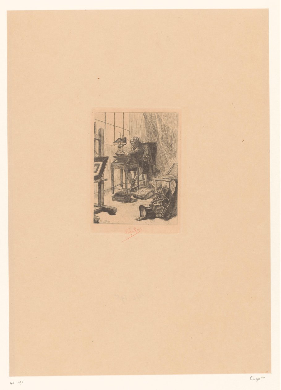 Oude man leest in een studeerkamer door Félicien Rops (signed by artist)