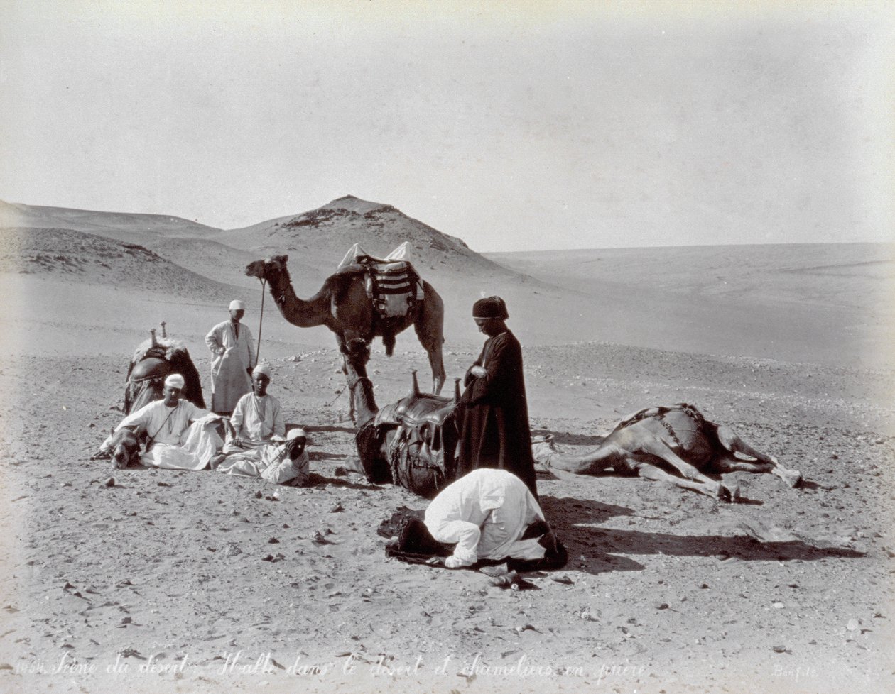 Egyptische kameeldrijvers tijdens een pauze in de woestijn. Op de voorgrond lijken twee leden van de kleine groep te bidden door Félix Bonfils