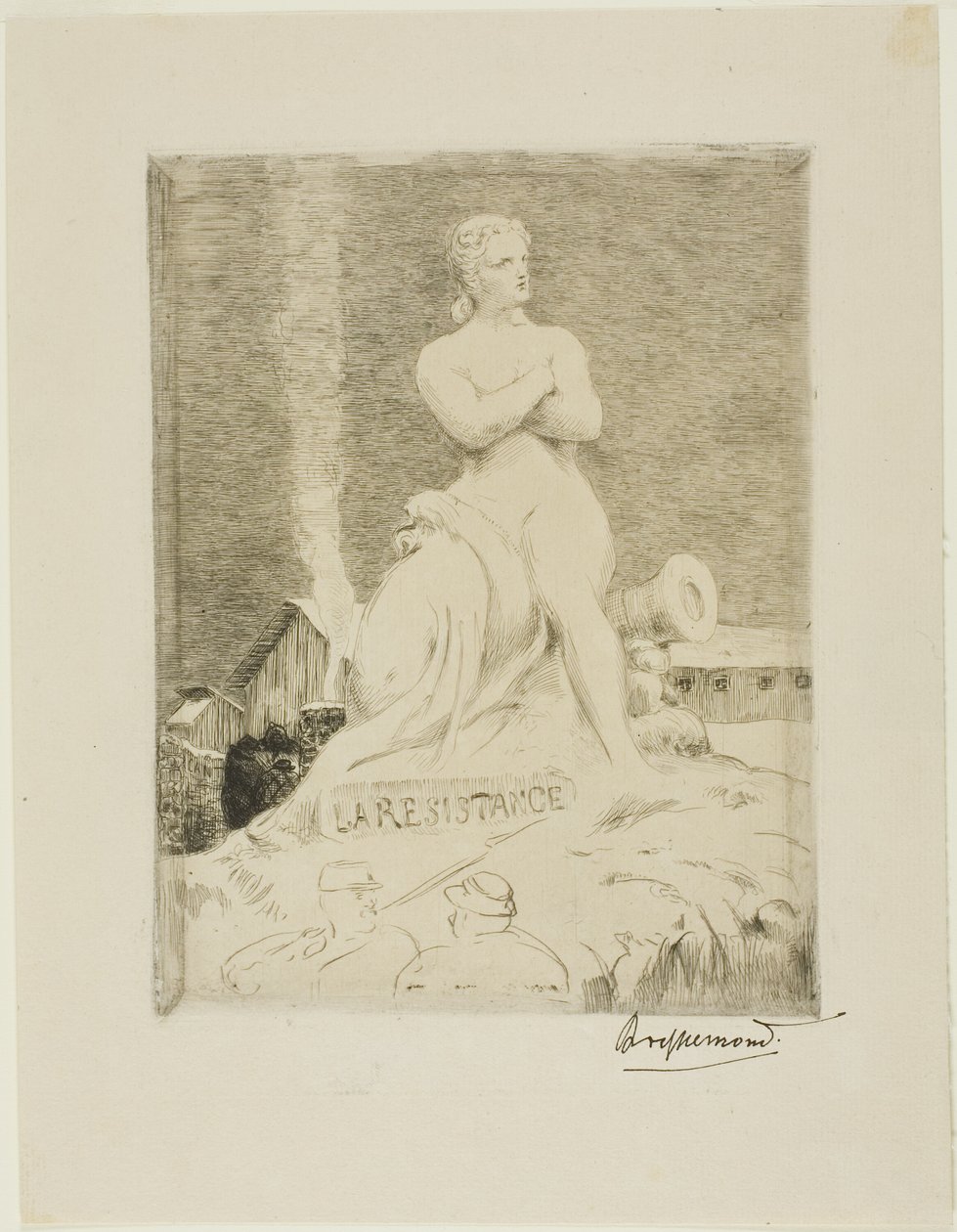 Het standbeeld van het verzet door Falguière, plaat vier van Het beleg van Parijs, 1870 door Félix Henri Bracquemond