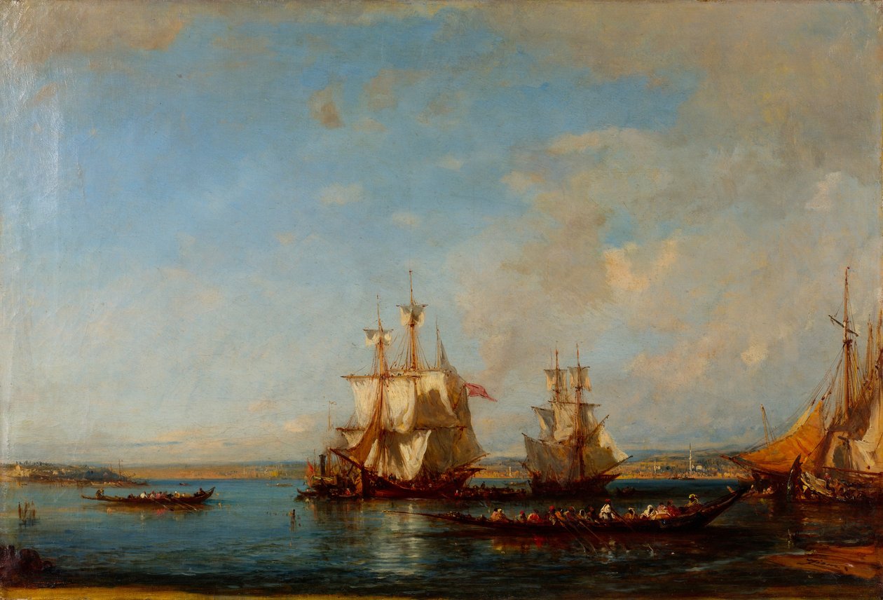 Kaaimannen en zeilboten aan de Bosporus door Félix Ziem