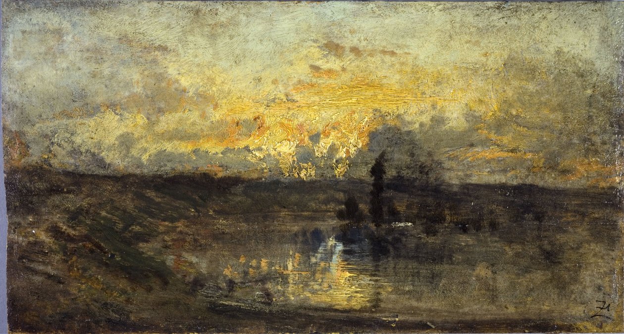 Bocht van de rivier (voorzijde); drie studies (achterzijde), tussen 1850 en 1860 door Félix Ziem