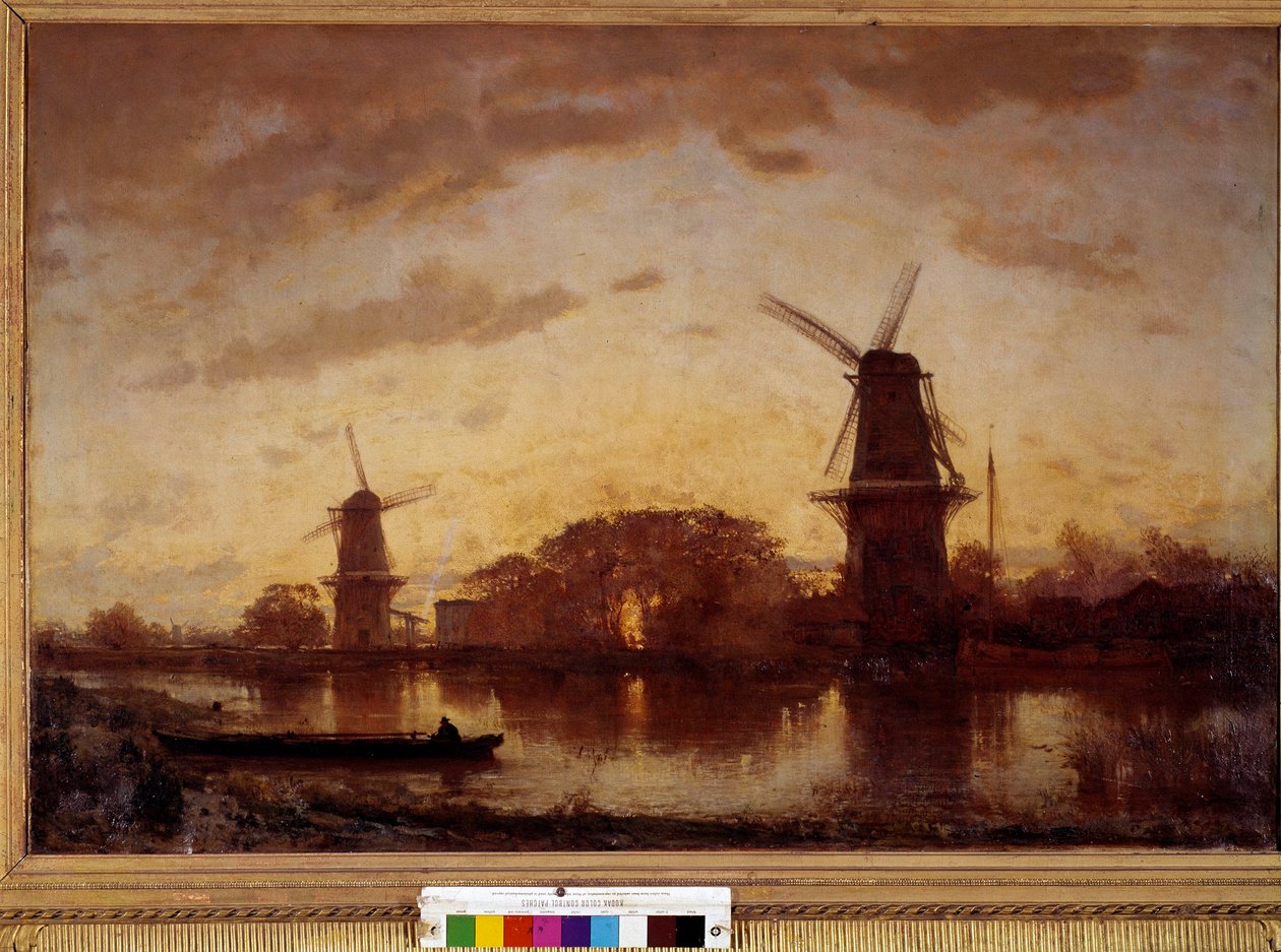 De oevers van de Amstel Rivier landschap met molens in Nederland. Schilderij door Felix Ziem (1821-1911). 1852. Zon 1,01 X 1,50 m. Bordeaux, Museum voor Schone Kunsten door Félix Ziem
