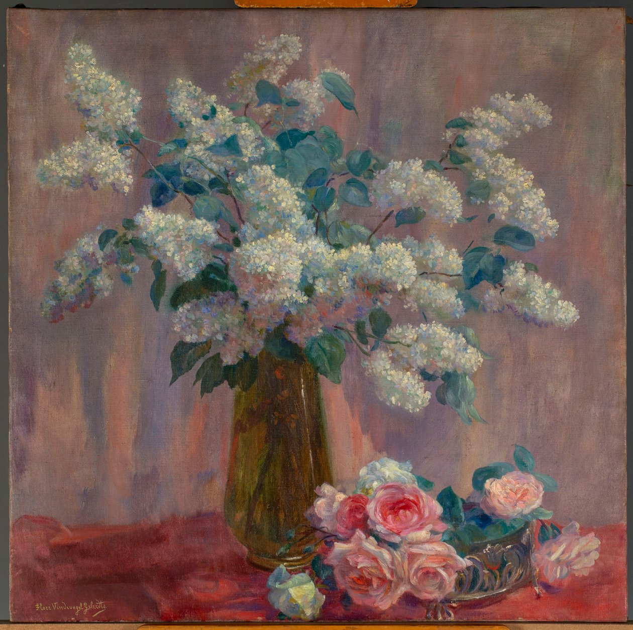 Seringen en rozen (olieverf op doek) door Flore Geleedts