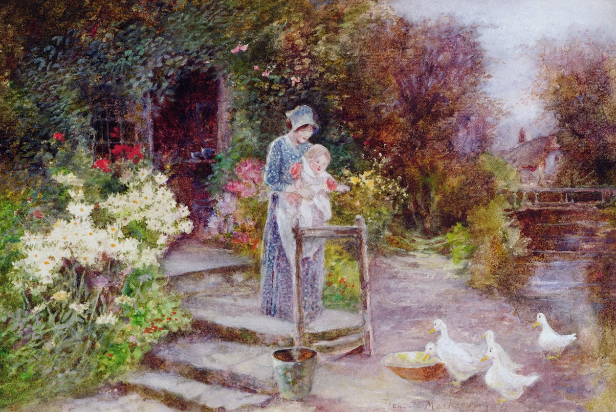 Vrouw en kind in een cottage-tuin door Florence Agnes Mackay