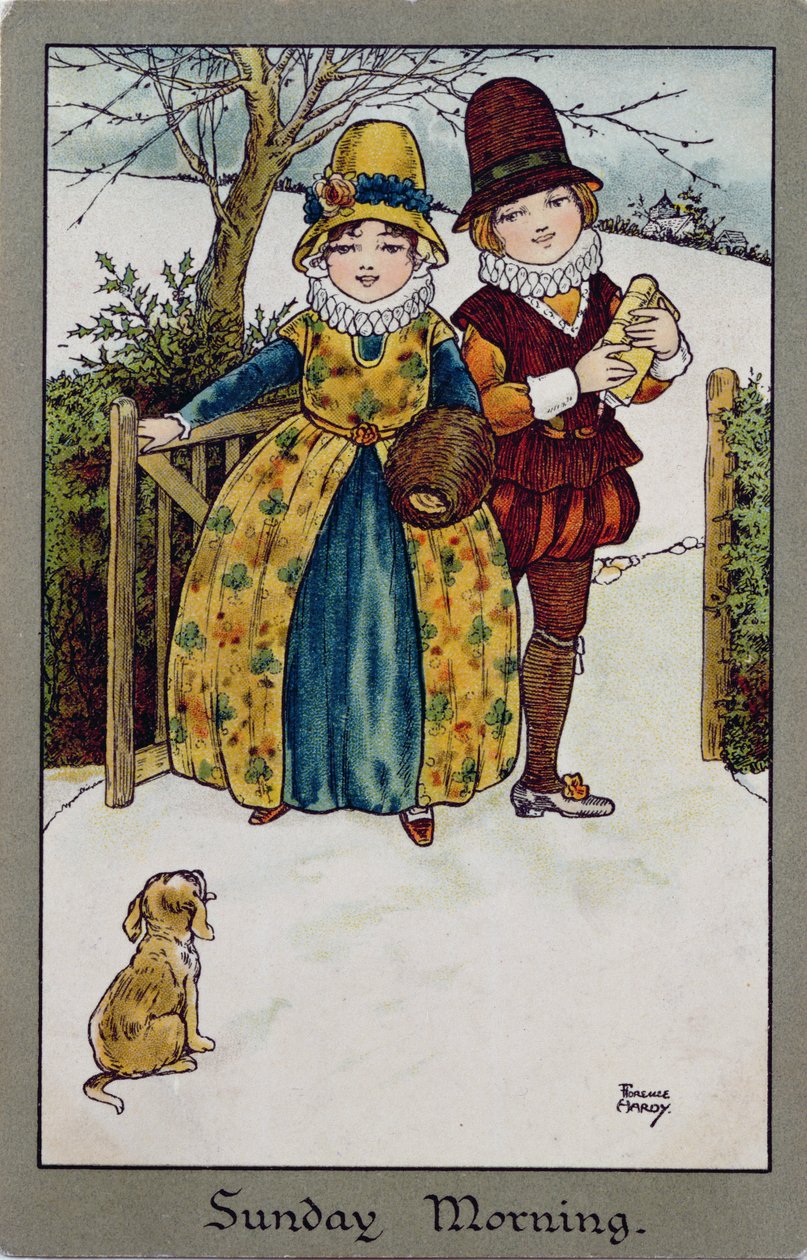 Zondagochtend, Victoriaanse kaart (kleur lithografie) door Florence Hardy