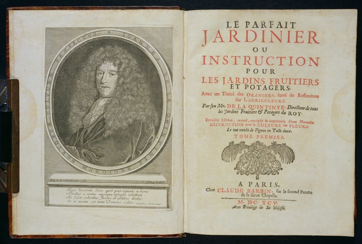 Titelpagina en portret frontispice van de auteur, uit Le Parfait Jardinier, ou Instruction pour les Jardins Fruitiers et Potager, door Jean de la Quintinye, gepubliceerd 1695 door Florent Richard de Lamarre