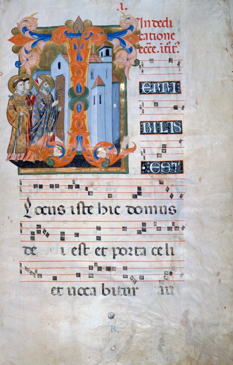 Verlichte initiaal met een bisschop die een kerk zegent (Corale 2, c. 1), voor koorboek 2 van Santa Maria degli Angeli door Florentine School
