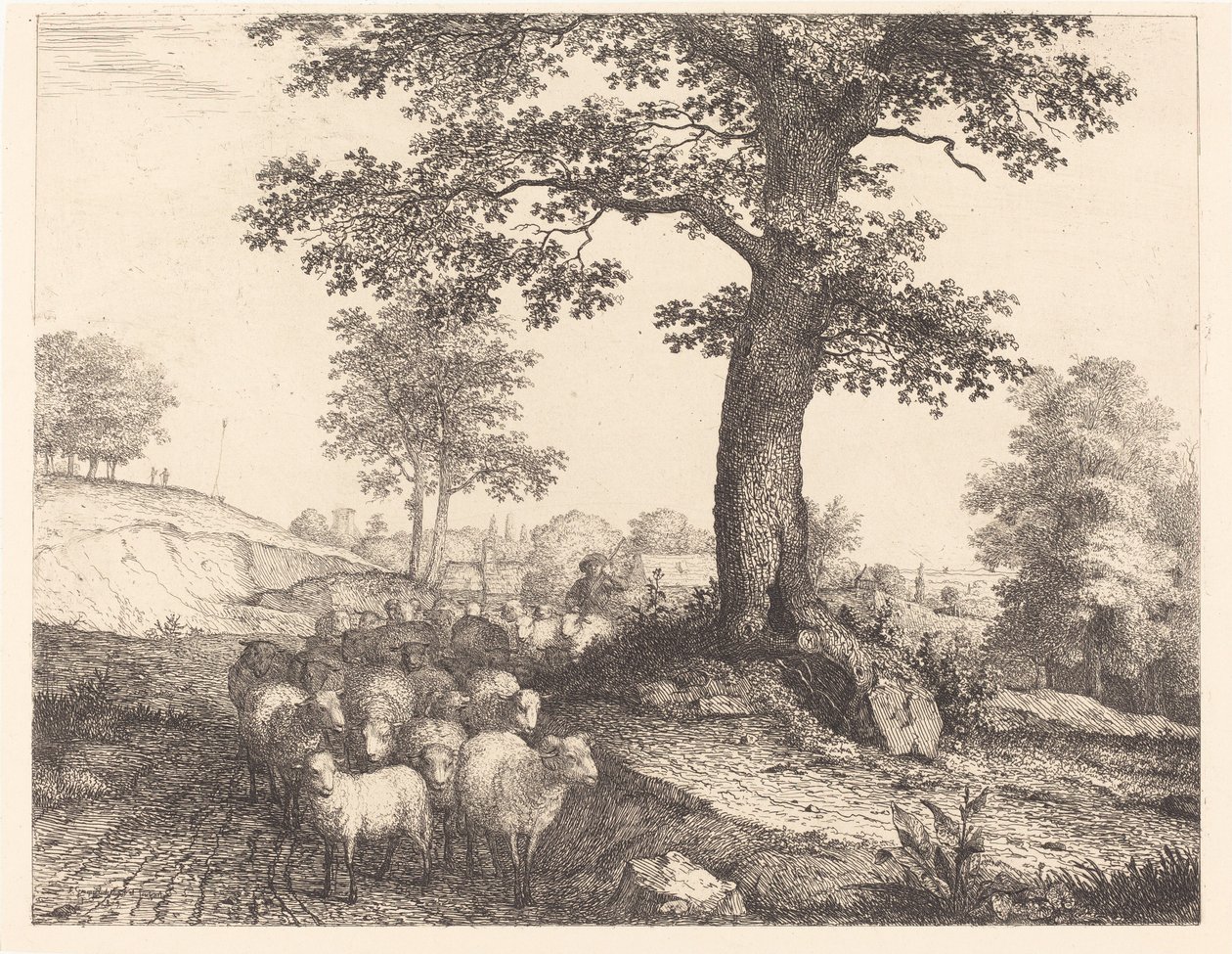 Herder en kudde onder een oude boom door Florian Grospietsch