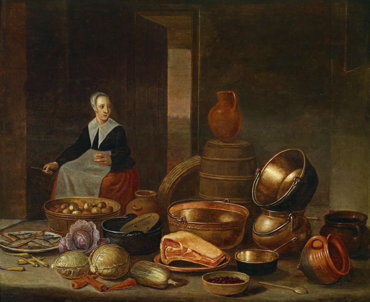 Keukeninterieur met dienstmeid door Floris Gerritsz van Schooten