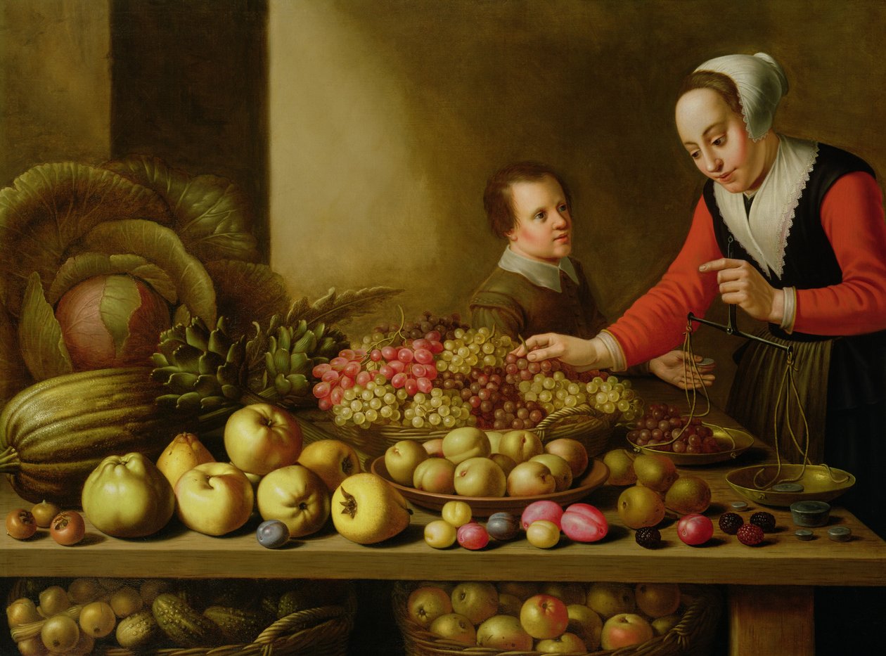 Meisje dat druiven verkoopt van een grote tafel vol met fruit en groenten door Floris Gerritsz van Schooten