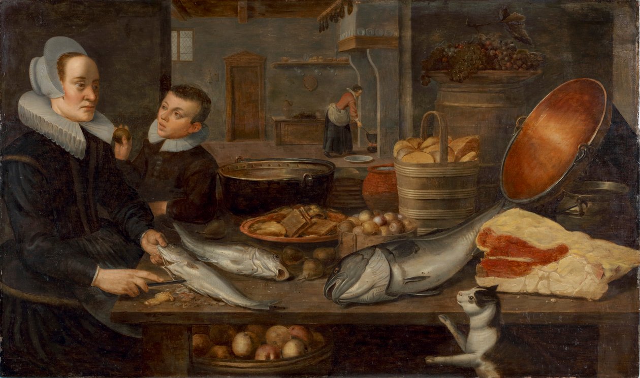 Een keukenstilleven met een meid die vis schoonmaakt aan een tafel en een jongen die een appel vasthoudt door Floris van Schooten