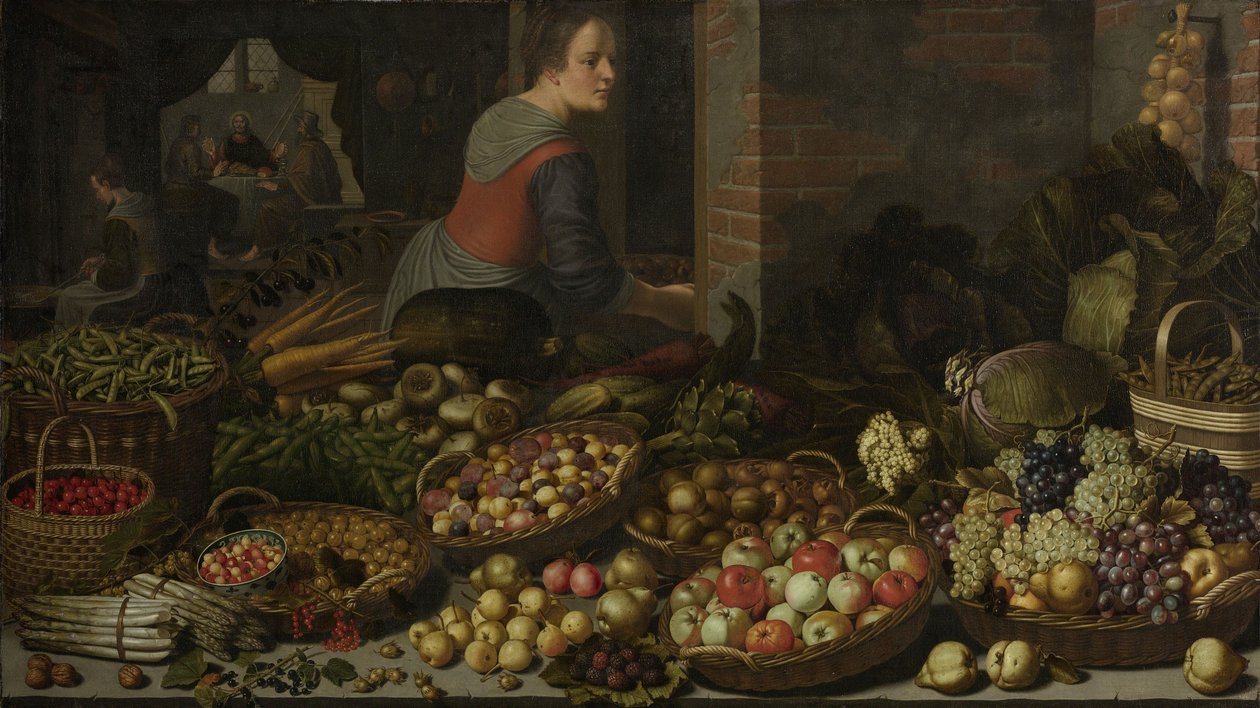 Stilleven met fruit en groenten, met Christus in Emmaüs op de achtergrond, c. 1630 door Floris Gerritsz van Schooten