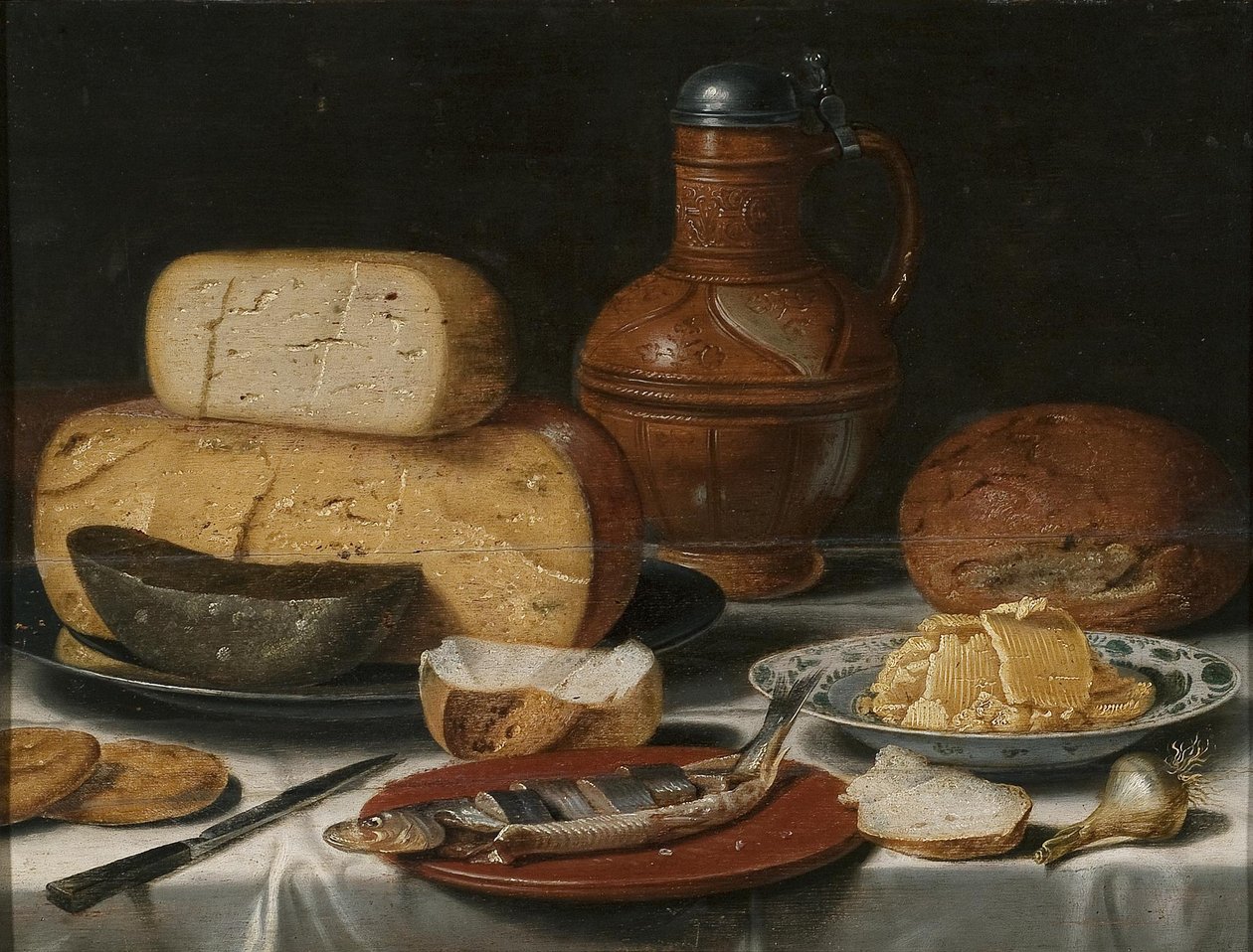 Stilleven met kaas, haring, brood en wijn door Floris van Schooten