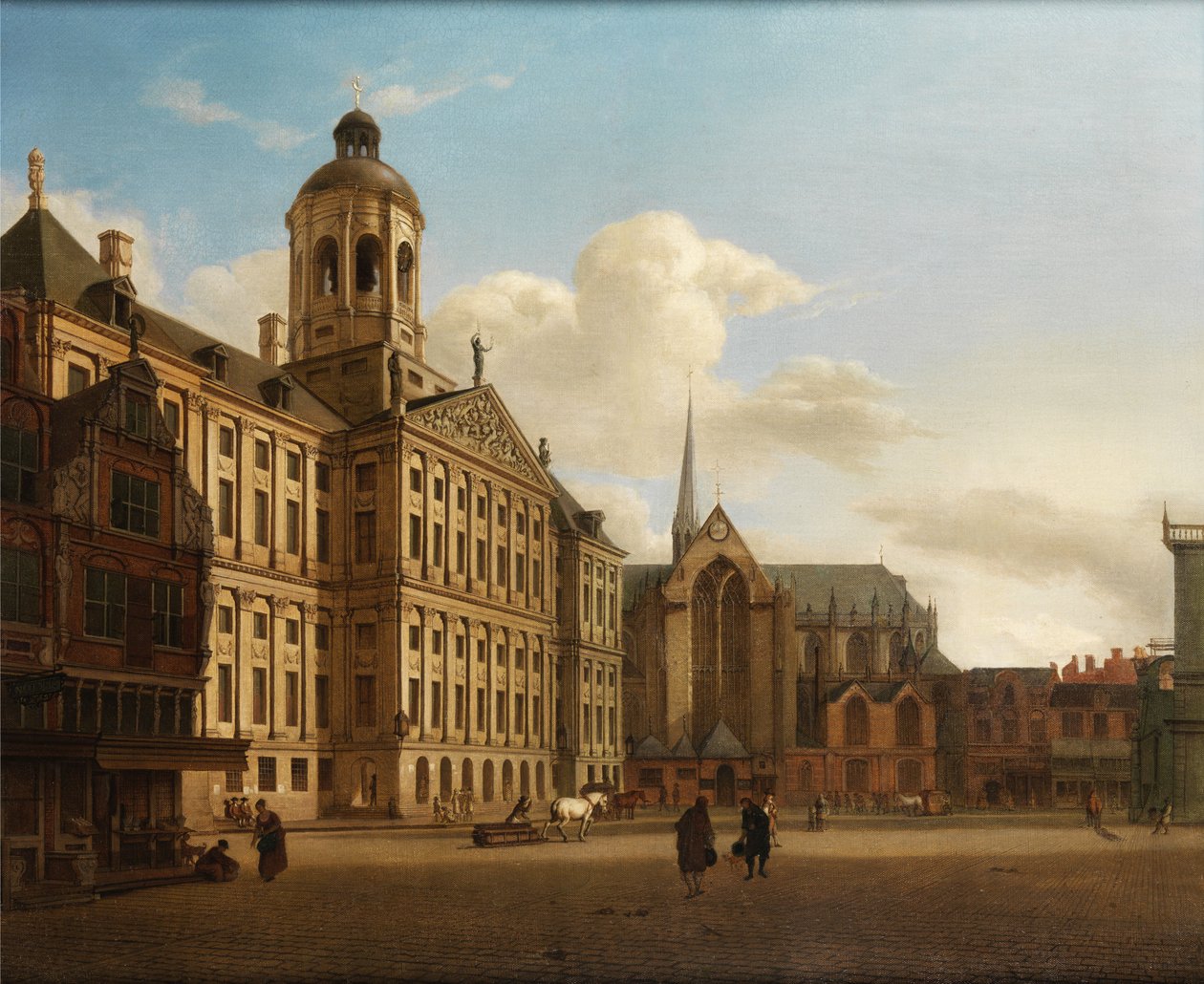Uitzicht op de dam met het stadhuis in Amsterdam door Jan van der Heyden