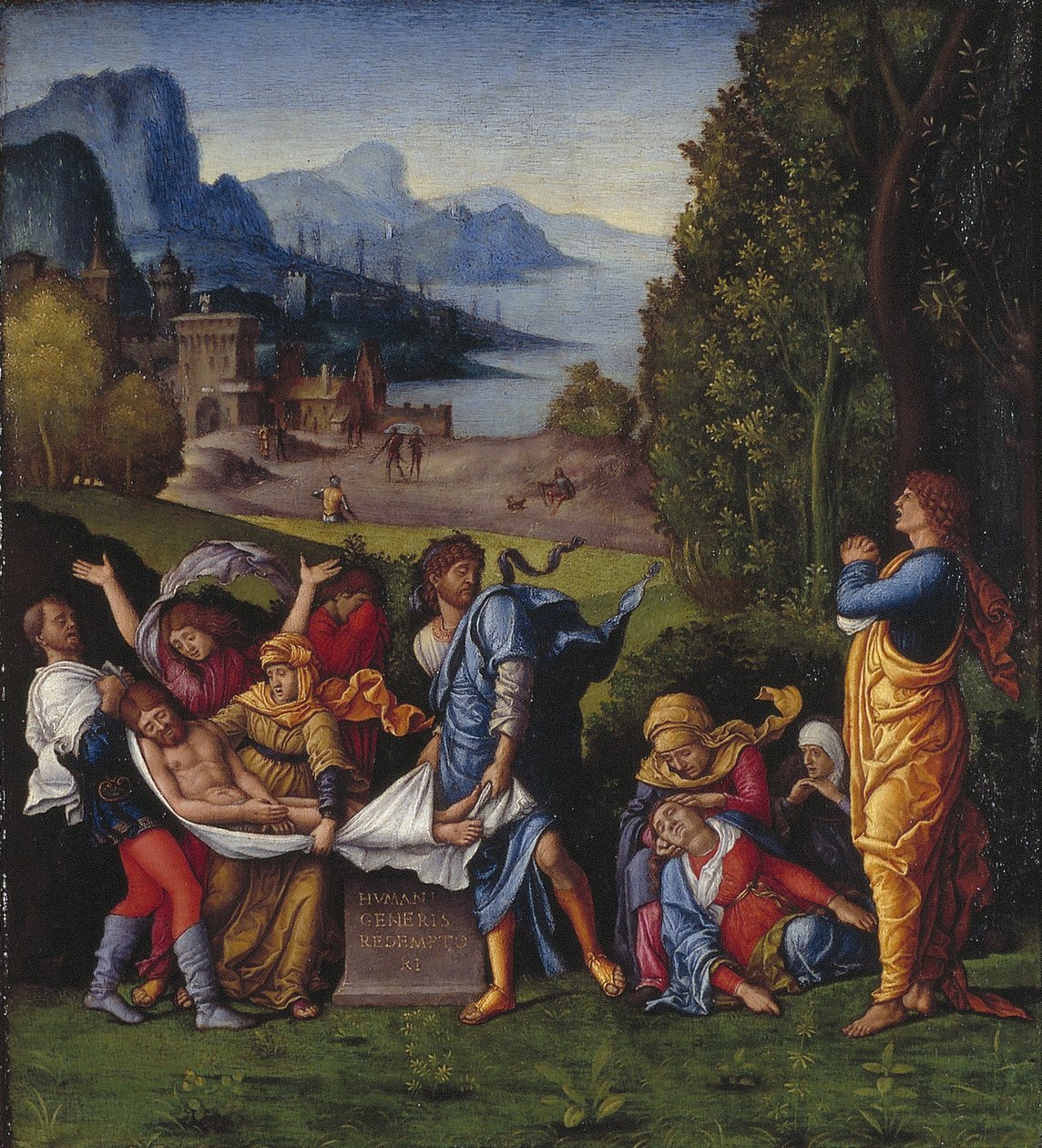 Dutch: De graflegging van Christus The Entombment door Follower of Andrea Mantegna