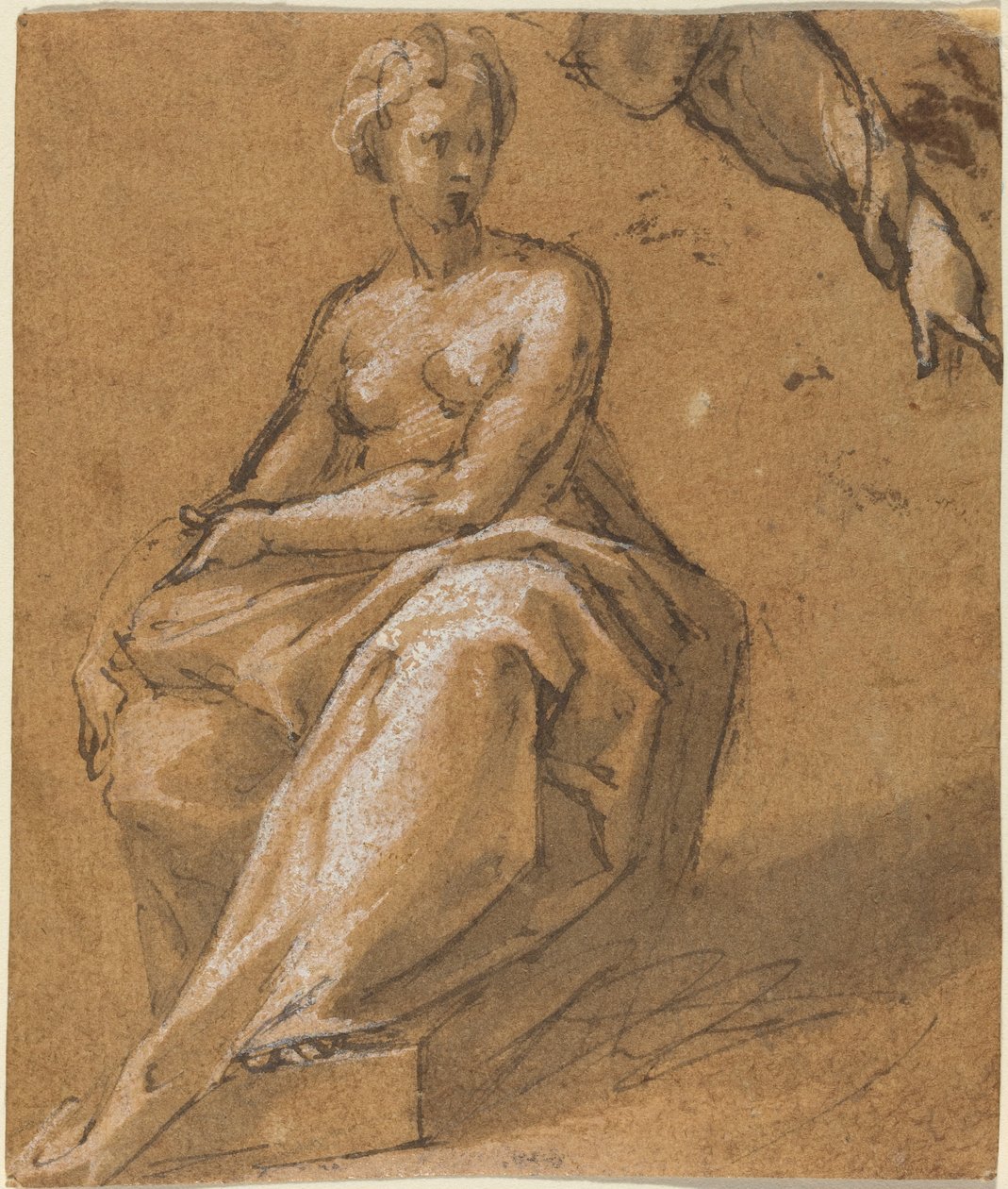 Zittende naakt met draperie door Follower of Bartholomaeus Spranger
