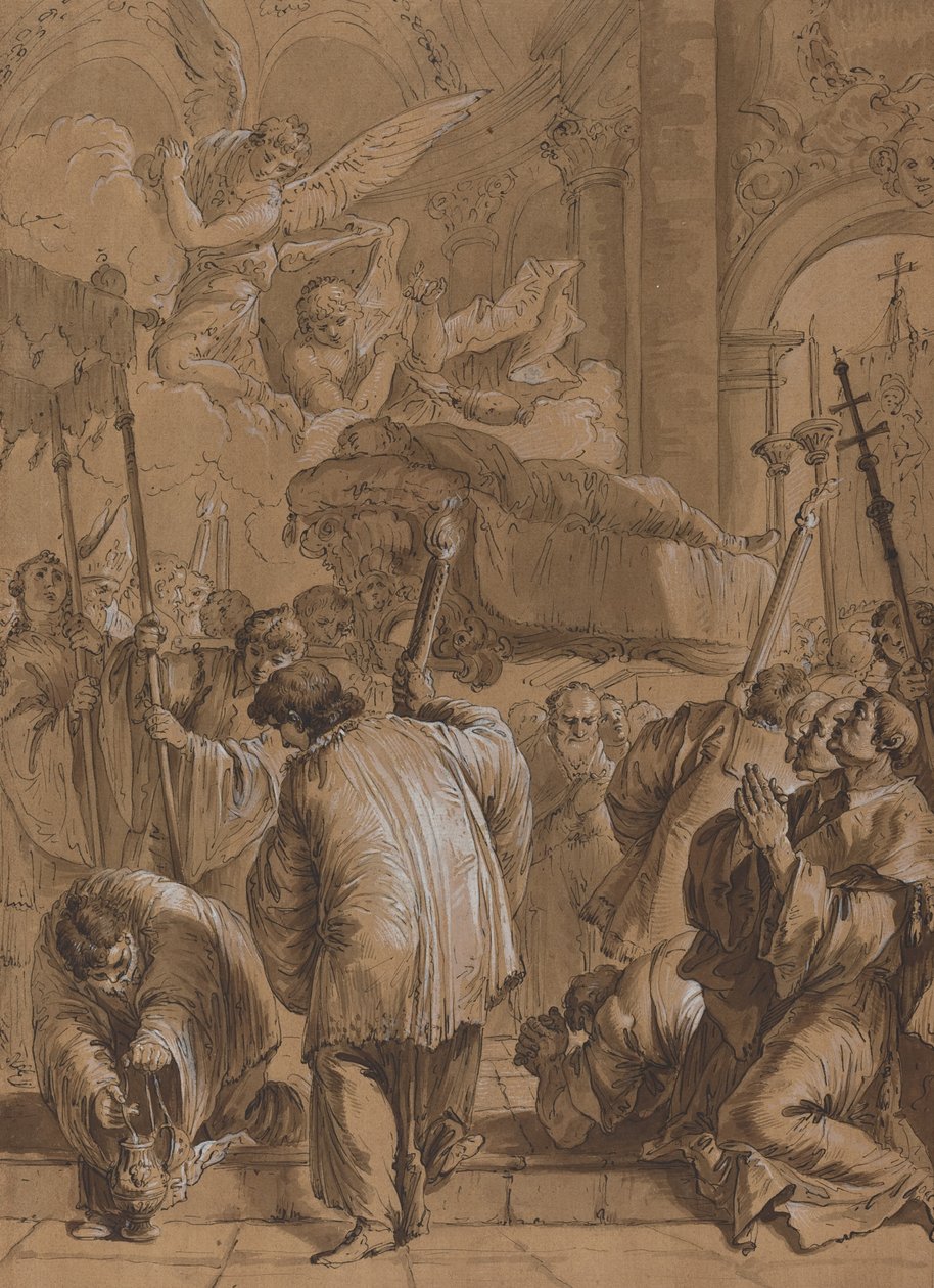 Begrafenisstoet van een Heilige met Engelen door Follower of Francesco Fontebasso