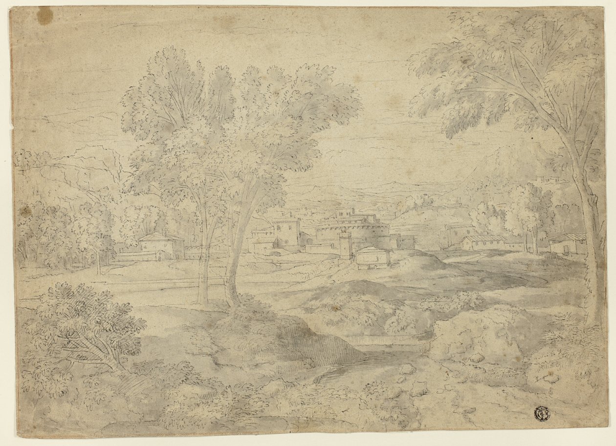 Italiaans landschap met gebouwen door Follower of Nicolas Poussin