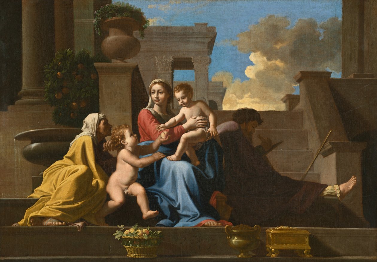 De Heilige Familie op de Trappen door Follower of Nicolas Poussin