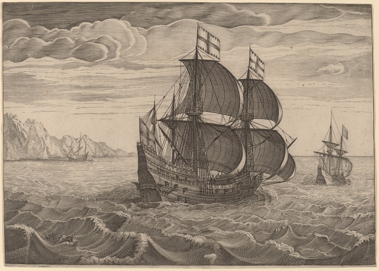 Schip in Volle Zeil met Twee Vlaggen door Follower of Pieter Bruegel the Elder