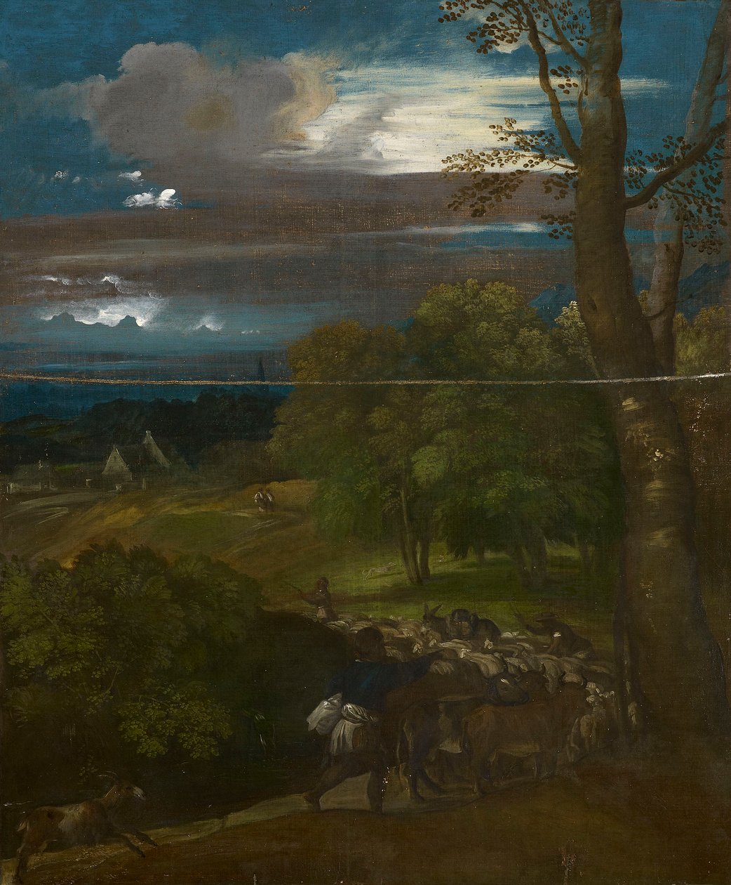 Een landschap met herders en kuddes door Follower of Titian