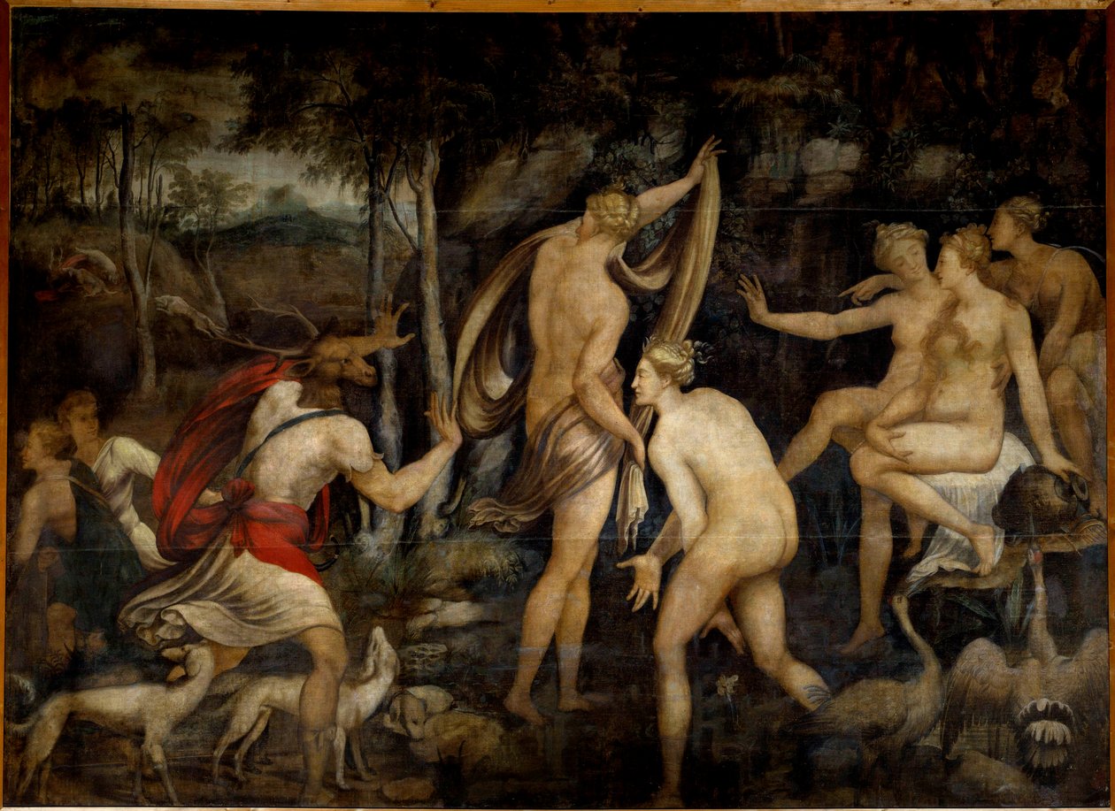 Diana (Artemis), godin van de jacht, en Acteon, jager door Fontainebleau School