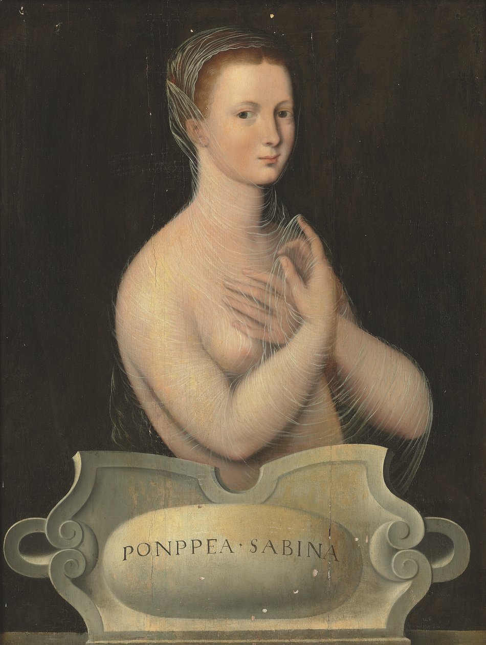Portret van Poppaea Sabina, halflang, in een doorzichtige sluier, voor een stenen cartouche door Fontainebleau School