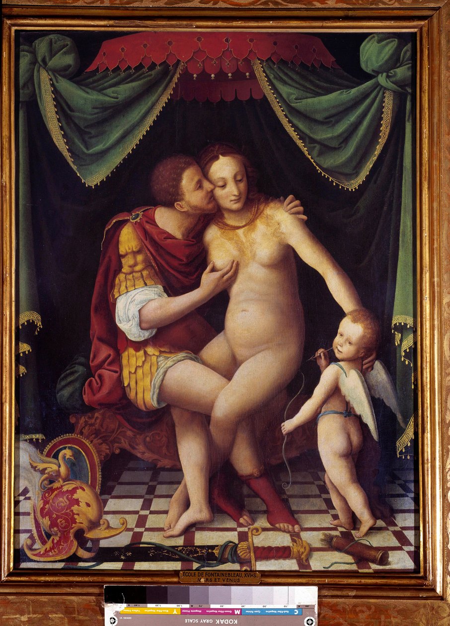 Venus en Mars. Afbeelding van de twee godheden die kussen. Schilderij van de School van Fontainebleau, 16e eeuw door Fontainebleau School