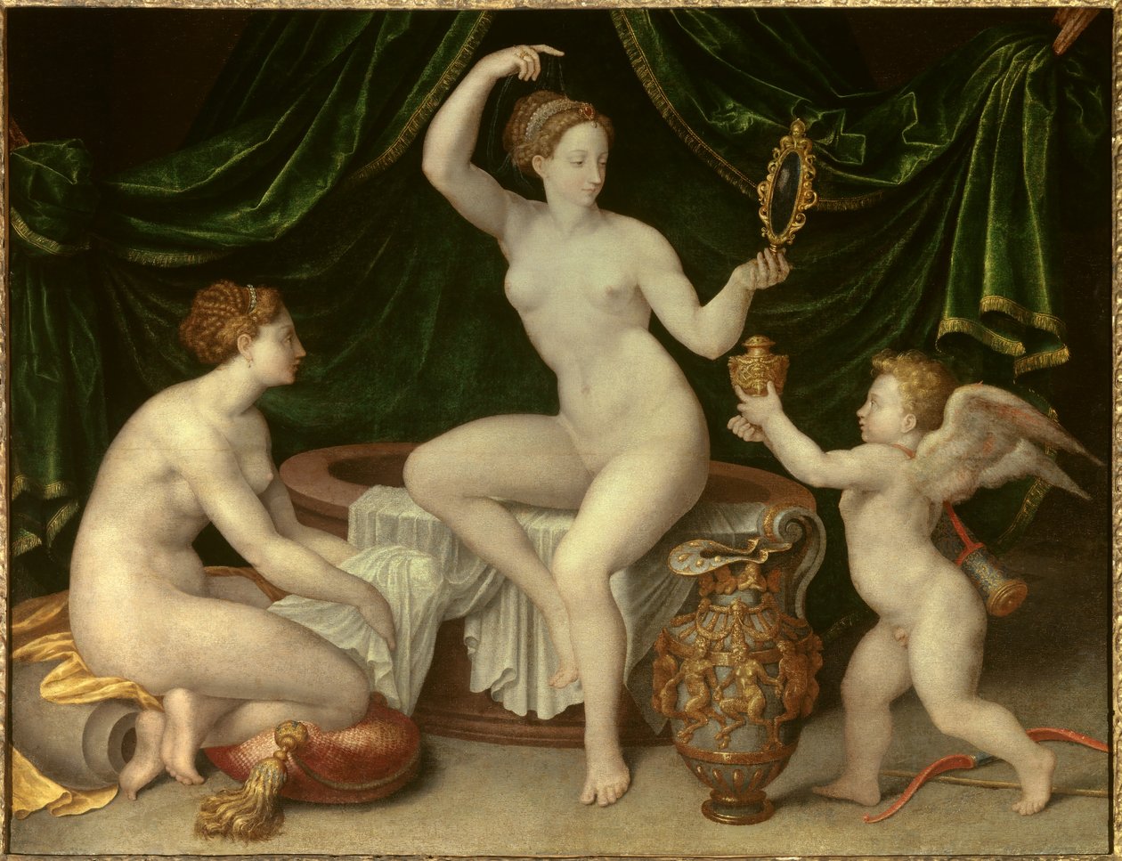Venus heeft zijn toilet. Schilderij van de School van Fontainebleau. 16e eeuw. Dim. 0,97 x 1,26 m. Louvre Museum, Parijs door Fontainebleau School