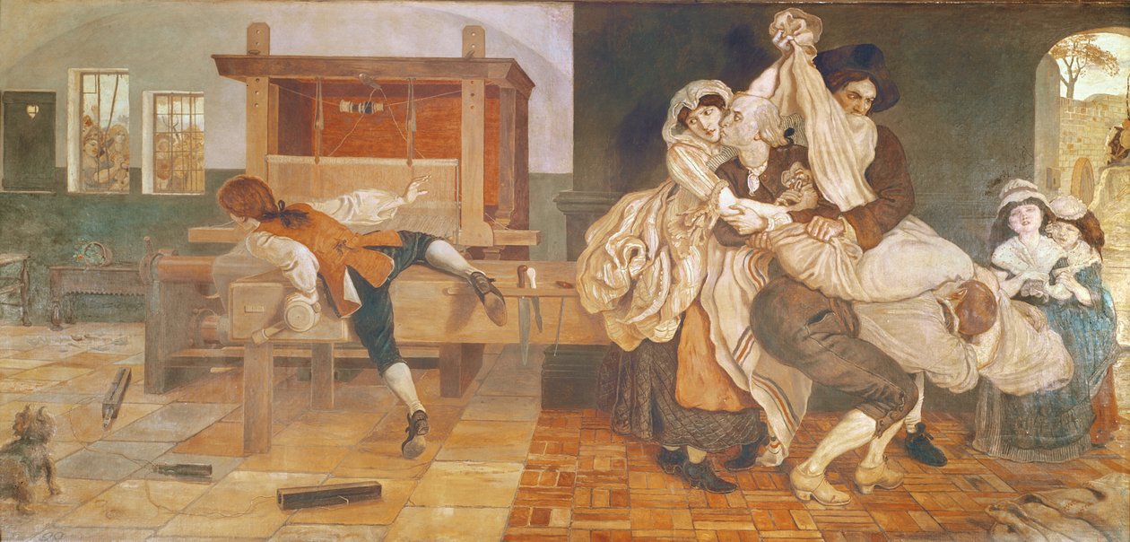 John Kay, Uitvinder van de Vliegende Schietspoel (muurschildering) door Ford Madox Brown