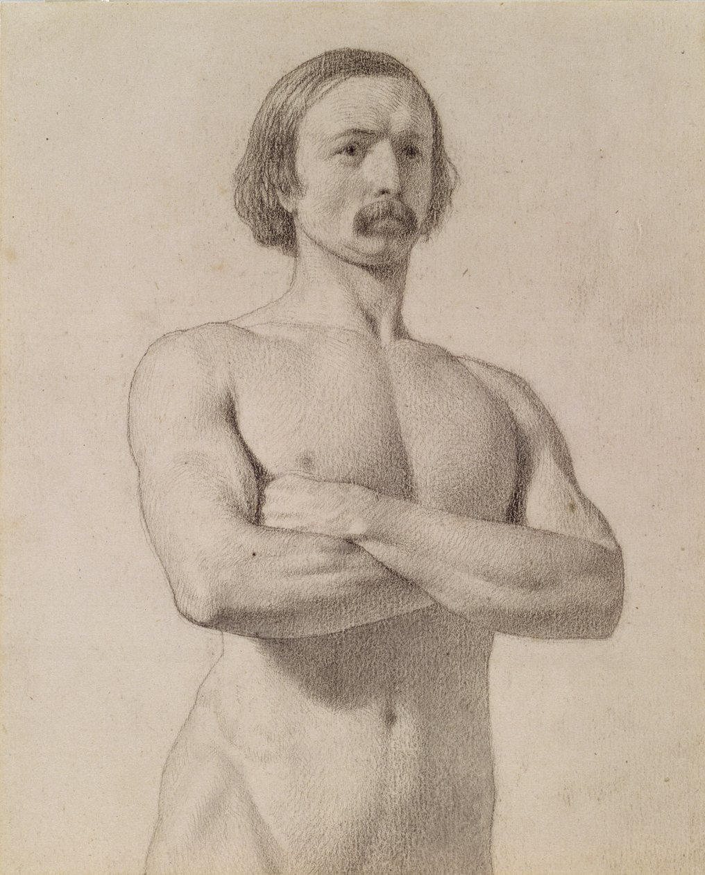 Academische naaktstudie, halflang met snor en armen gekruist, 1849 door Ford Madox Brown
