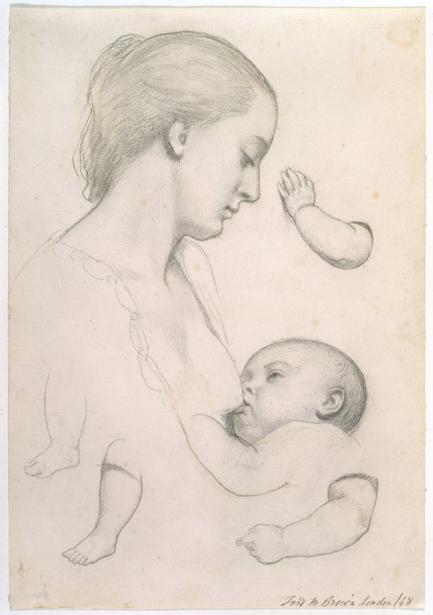 Maaltijd van een baby - Studie van een moeder en kind met aparte arm- en beenstudies van het kind door Ford Madox Brown
