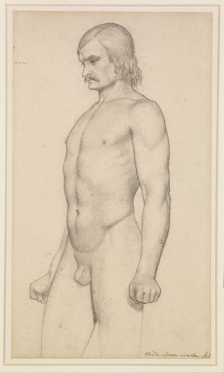 Mannelijk naakt - Academische studie, driekwart naakt, met snor en gebalde vuisten door Ford Madox Brown