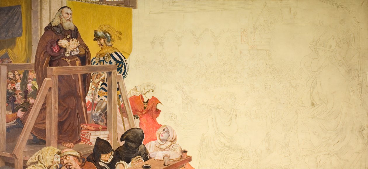 Wycliffe op zijn proces, 1893 door Ford Madox Brown