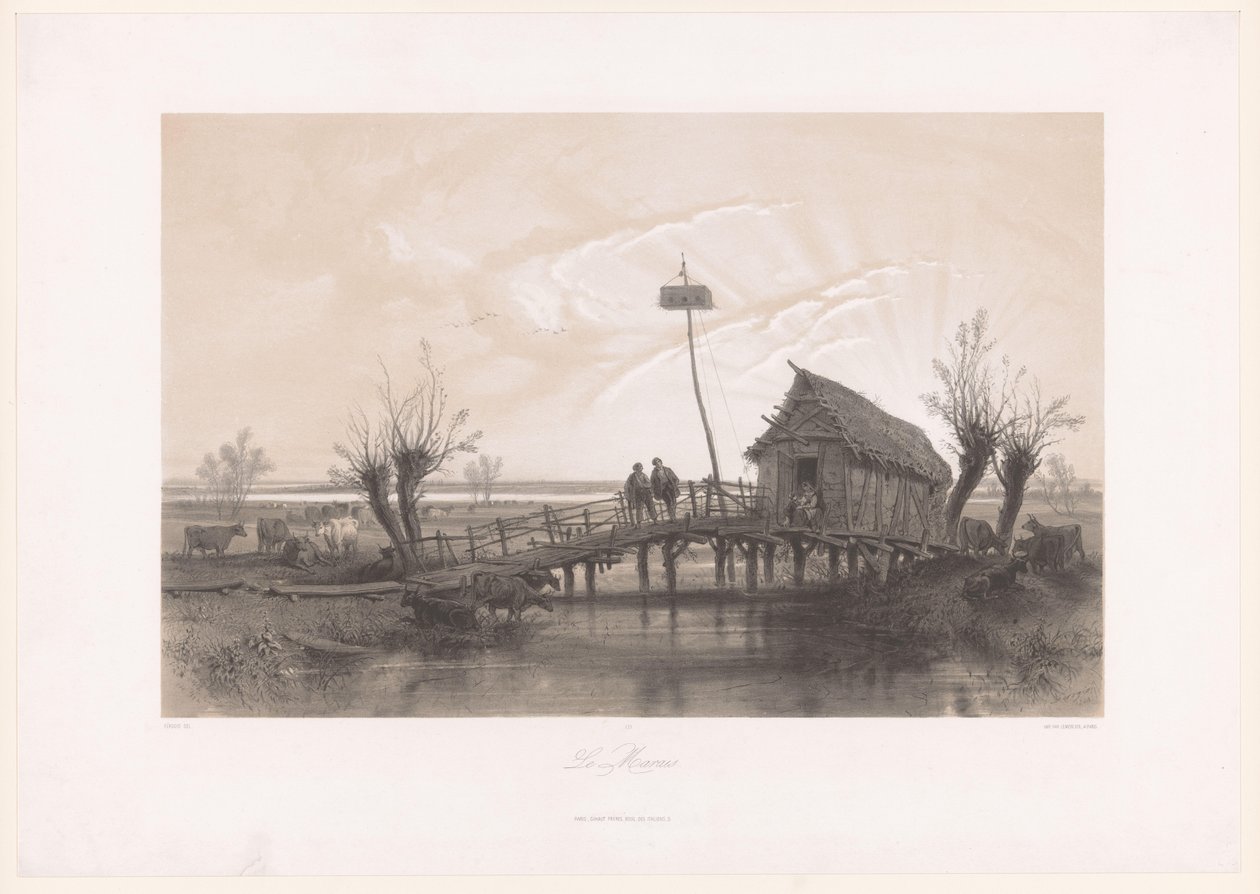 Moeraslandschap met koeien en figuren bij een huis met brug door Fortuné Ferogio