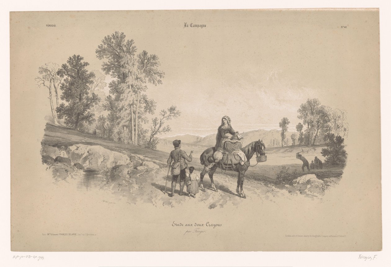 Vrouw op een paard met man en kind in een landschap door Fortuné Ferogio