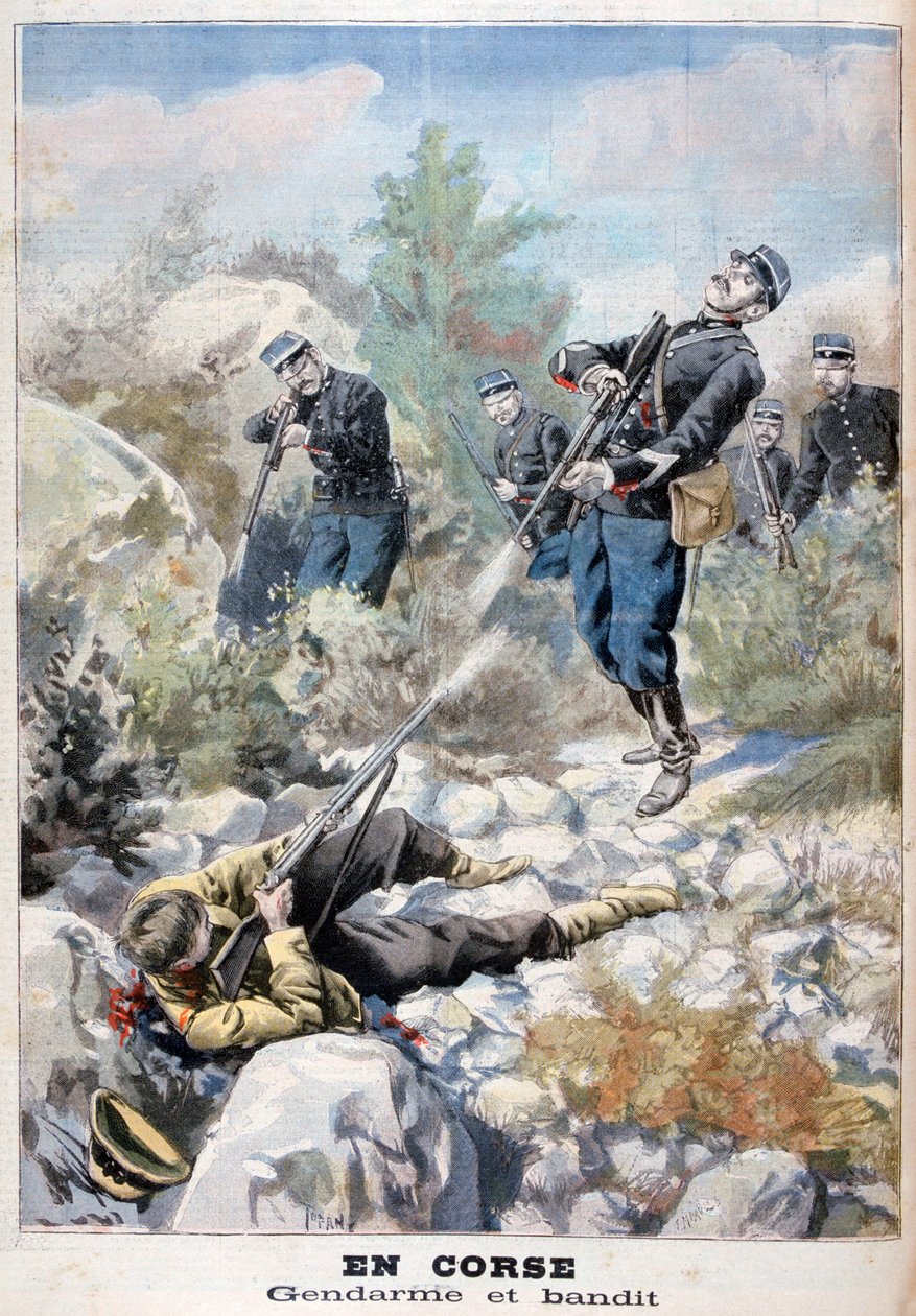 Een vuurgevecht tussen een bandiet en de gendarmerie, Corsica door Fortuné Méaulle