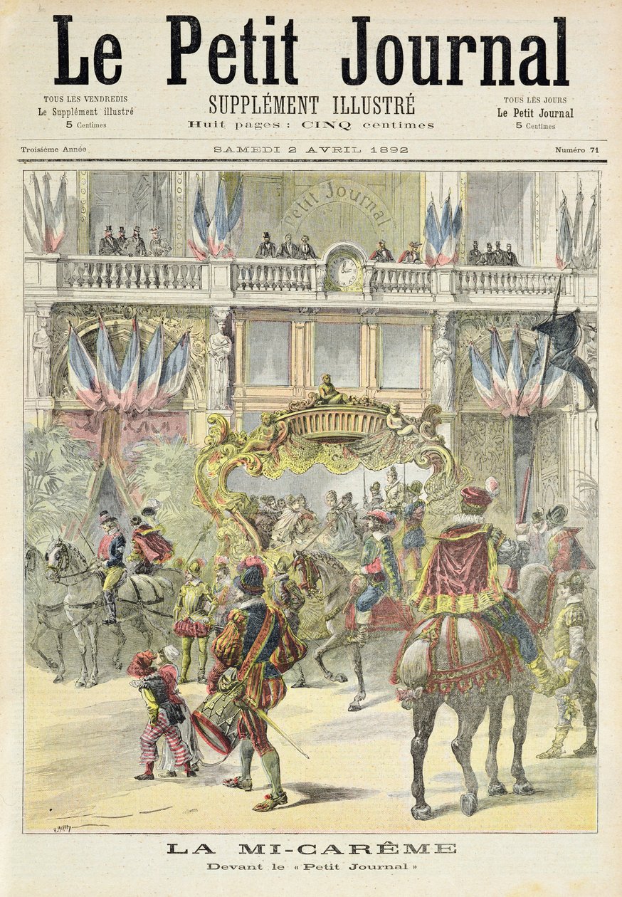 Titelpagina die de midvastenoptocht voor de kantoren van Le Petit Journal toont, illustratie uit de geïllustreerde bijlage van Le Petit Journal, 2 april 1892 door Fortune Louis Meaulle and Henri Meyer
