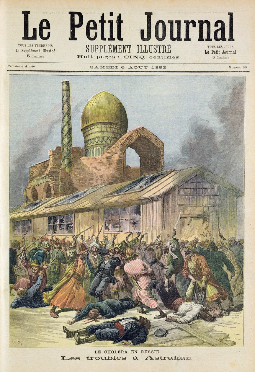 Titelpagina die de problemen in Astrachan tijdens de cholera in Rusland weergeeft, illustratie uit de geïllustreerde bijlage van Le Petit Journal, 6 augustus 1892 door Fortune Louis Meaulle and Henri Meyer