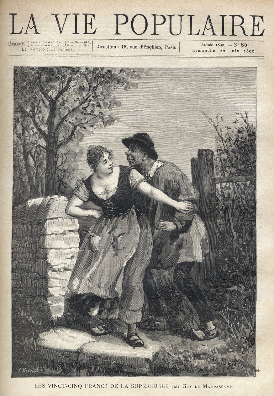 Een boerenpaar, de man in een blouse en klompen, springt de jonge vrouw die hem met een glimlach en licht terugduwt. Illustratie door E. Bertin voor Les vijfentwintig francs de la superieure door Guy de Maupassant (1850-1893). Gravure door Fortune Meaulle  door Fortune Louis Meaulle