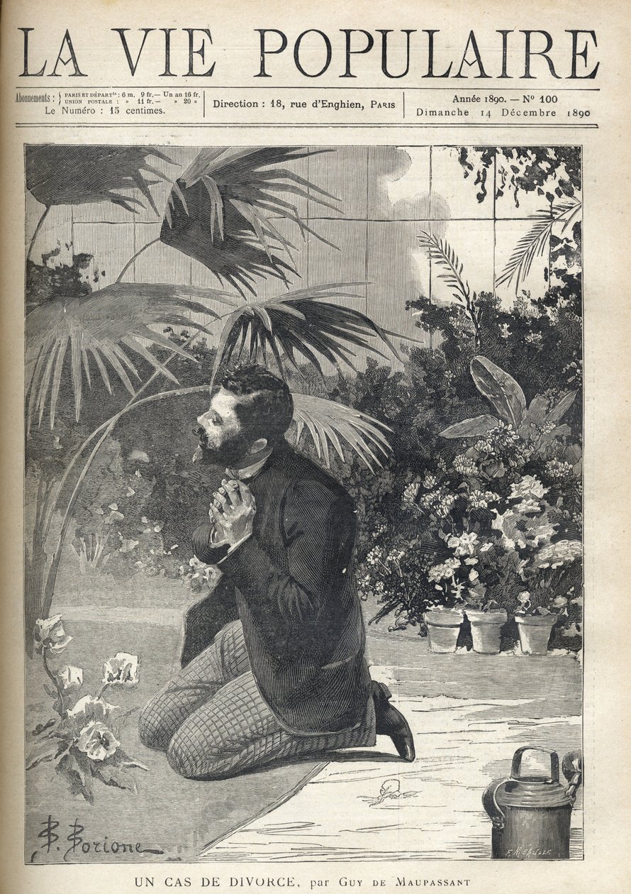 Een wanhopige man bidt op zijn knieën in een kas. Illustratie door F. Meaulle naar B. Borione voor 