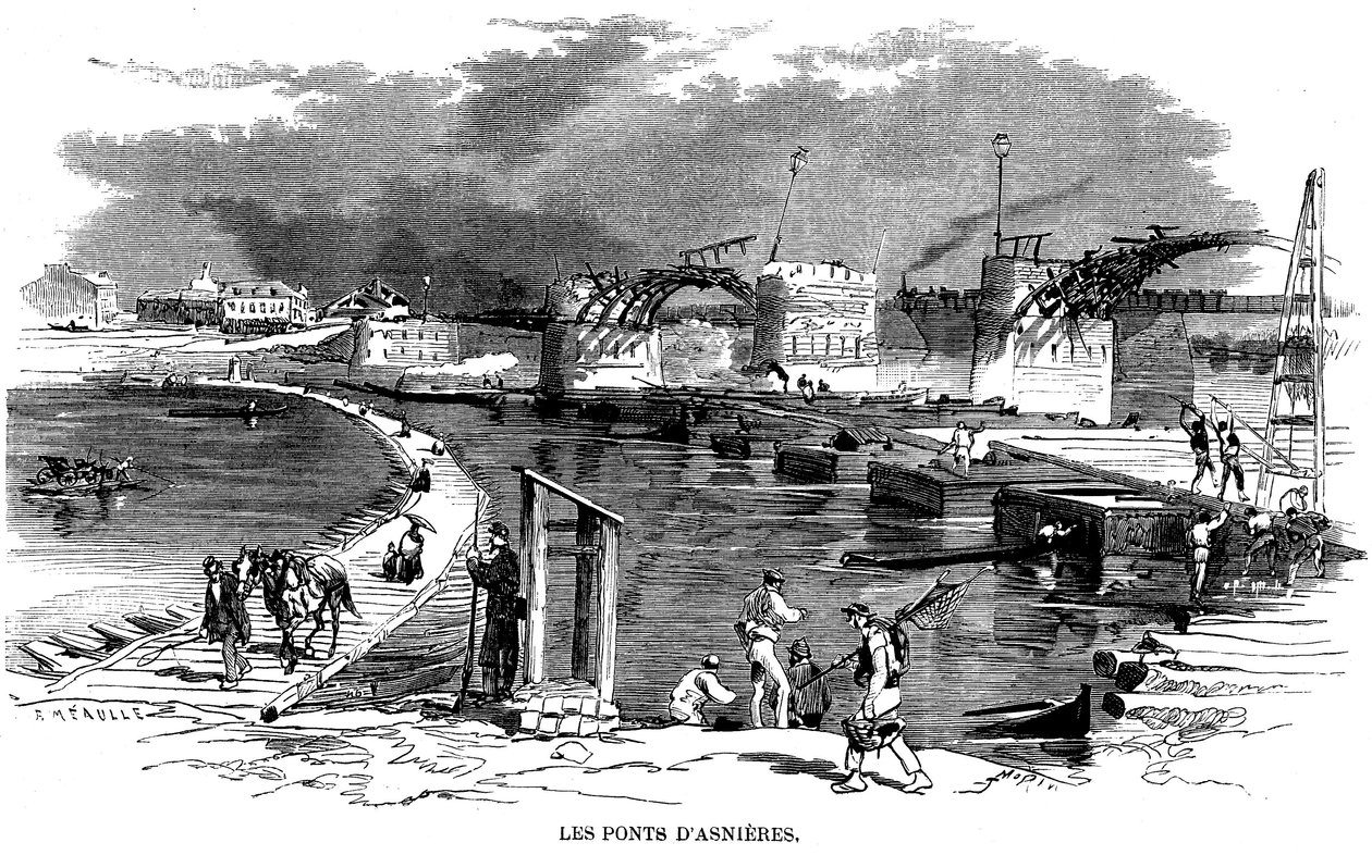 Na de brand van de brug van Asnieres tijdens het beleg van Parijs in 1870, werd een bootbrug geïnstalleerd - op deze gravure door Meaulle, een andere houten structuur naast de vernietigde brug - Commune de Paris - door Fortune Louis Meaulle