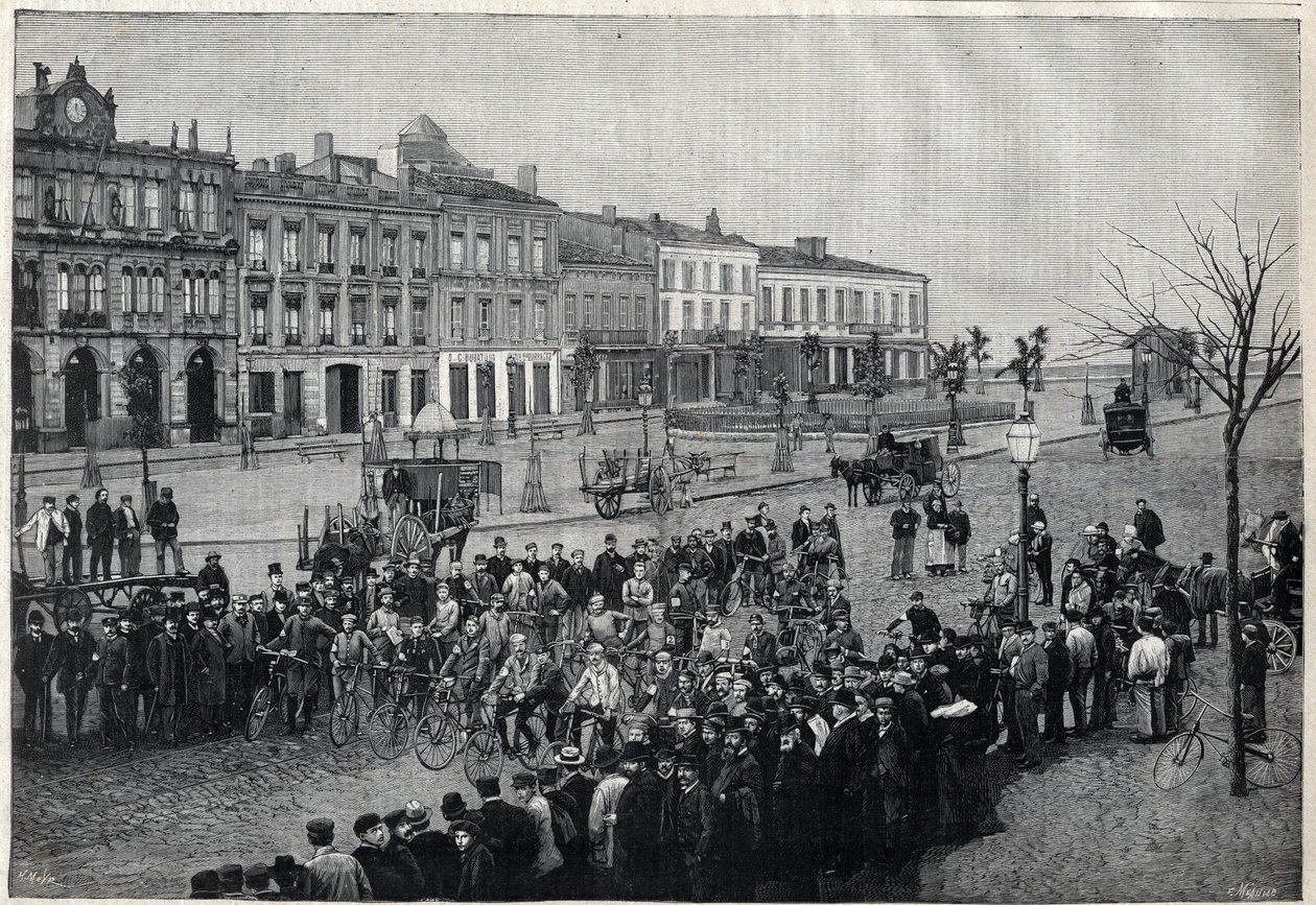Vertrek van de Bordeaux-Parijs (Bordeaux Parijs) wielerwedstrijd in 1891 - gravure door Meaulle van 1891 door Fortune Louis Meaulle