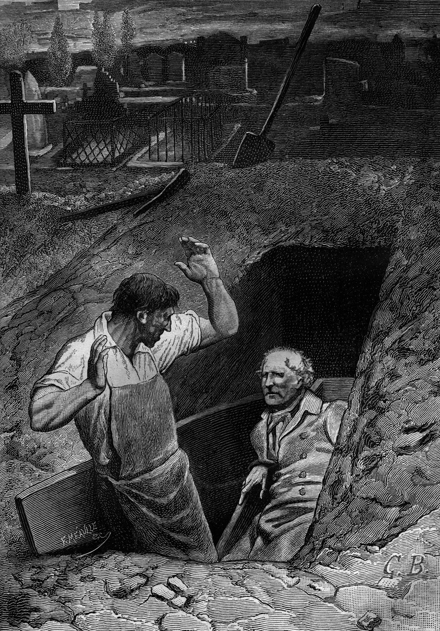 Illustratie voor de roman "Les Miserables" door Victor Hugo (2e deel: Cosette), gravure door Meaulle: Fauchelevent en Jean Valjean door Fortune Louis Meaulle