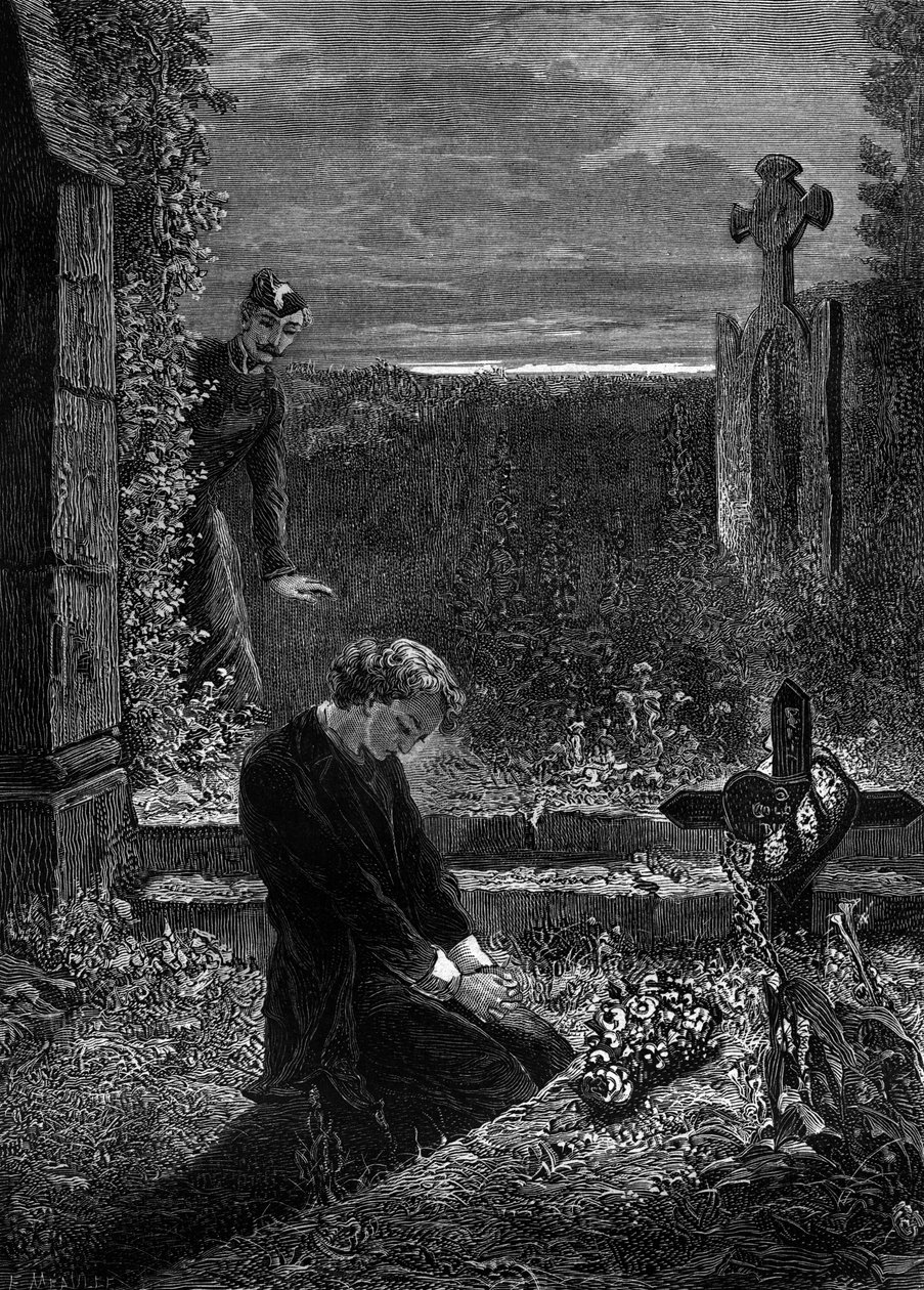 Illustratie voor roman "Les Misérables" door Victor Hugo (3e deel: Marius), gravure door Meaulle: Marius door Fortune Louis Meaulle