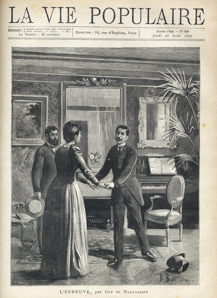 In een bourgeois salon, een man haast zich naar de gastvrouw en grijpt haar handen, terwijl hij zijn hoed op de grond laat vallen, onder de verbaasde blik van een andere man. Illustratie door Bernard Borione (1865-20e eeuw), voor de test door Guy door Fortune Louis Meaulle