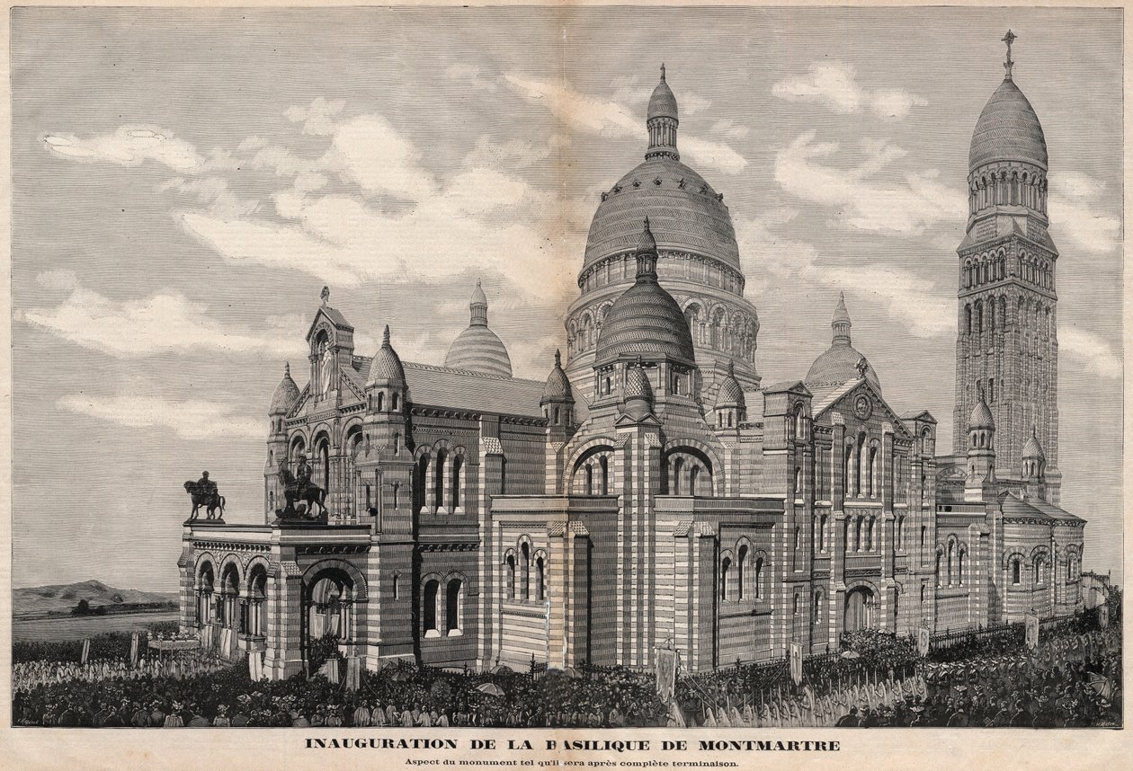 Inwijding van de Basiliek van het Heilig Hart in Montmartre in 1891 (verschijning van het monument zoals het zal zijn na volledige voltooiing) - Gravure door Meaulle in 1891 door Fortune Louis Meaulle
