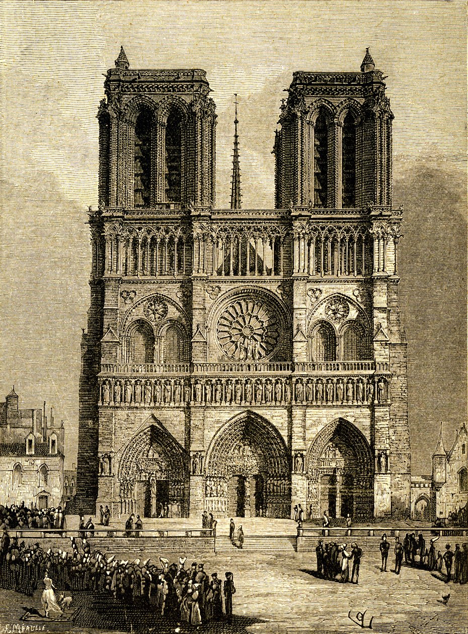 Notre Dame de Paris in 1482: westgevel en voorplein. Gravure door F. Méaulle, gebaseerd op een tekening van Viollet-le-Duc ter illustratie van de gelijknamige roman van Victor Hugo, Ollendorff Editie begin 20e eeuw door Fortune Louis Meaulle