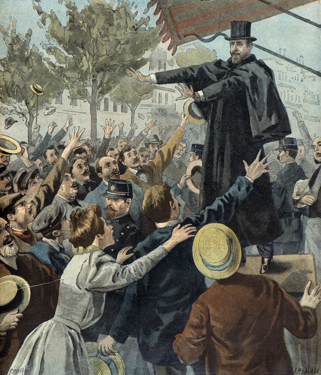 Paul deroulede tijdens een demonstratie in parijs in 1898 (gravure) door Fortune Louis Meaulle