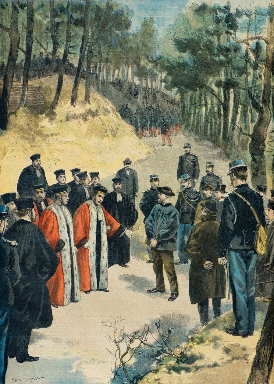 Reconstructie van de moord op de apotheker uit Limours in 1897 (gravure) door Fortune Louis Meaulle